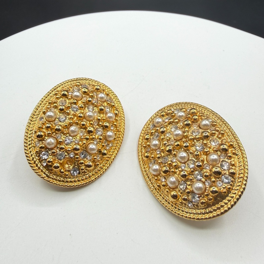 Gold Tone Faux Pearl Rhinestone Oval Clip-On Earrings Chunky Statement Glam Gift